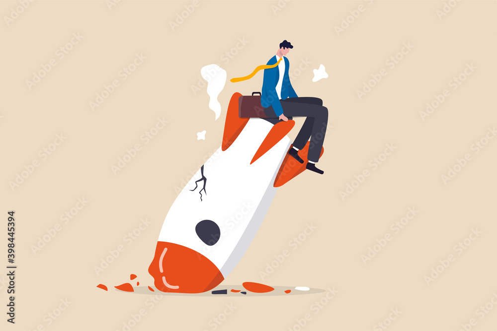 Fail start up business, new business risk or unexpected entrepreneur bankruptcy concept, depressed businessman company owner sitting on crash launching space rocket metaphor of new business failure. - obrazy, fototapety, plakaty 