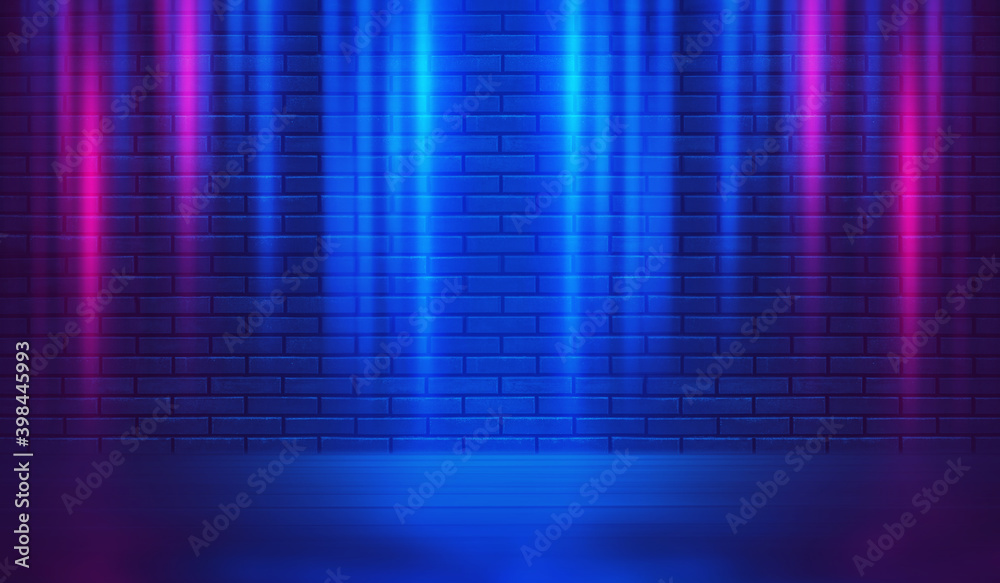 Neon shapes on a dark brick wall. Ultraviolet lighting. Brick wall, concrete floor. 3d illustration Neon shapes on a dark brick wall. Ultraviolet lighting. Brick wall, concrete floor. 3d illustration