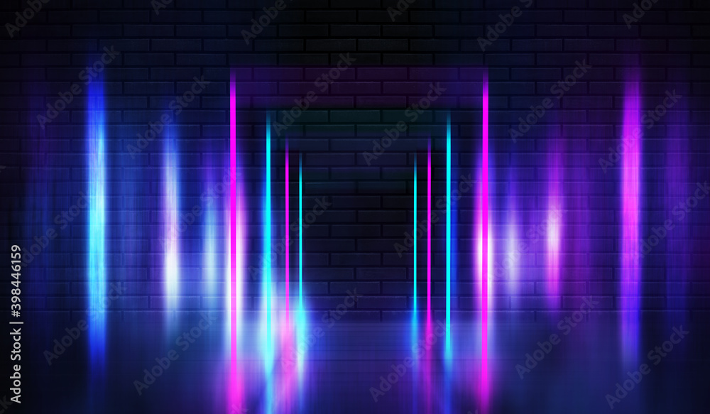 Neon shapes on a dark brick wall. Ultraviolet lighting. Brick wall, concrete floor. 3d illustration