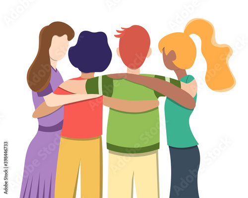 United community of people of different races. A group of people hugging stand with their backs. Teamwork, cooperation, friendship concept. Society or population