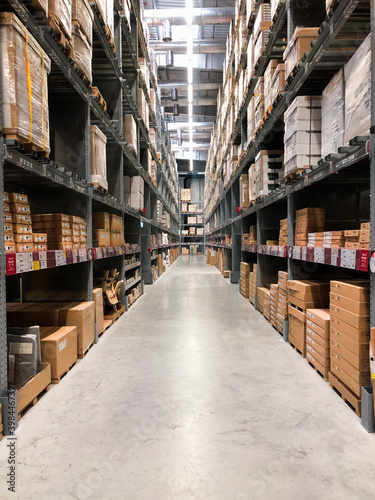 warehouse shelves with boxes