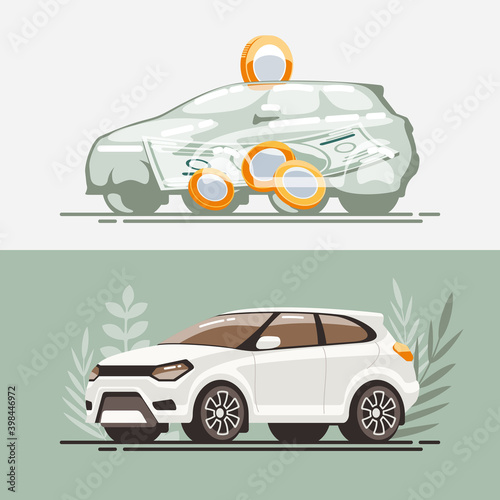 Cash savings for buying a car in a glass piggy bank shaped like a car. Flat illustration of a vehicle for buying, selling, exchanging, credit, insurance, car loan. (ID: 398446972)