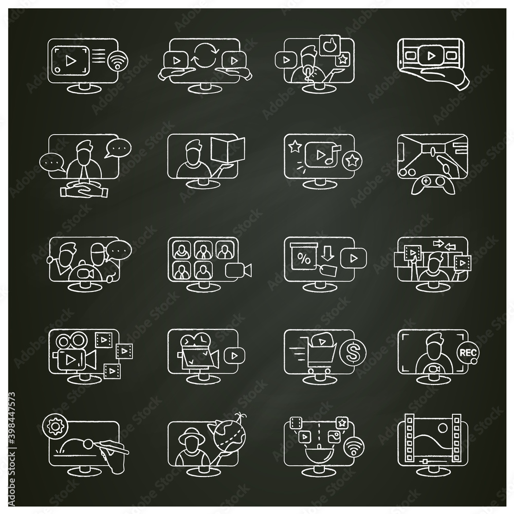 Video production chalk icons set. Collection of signs for video call, web conference, digital marketing, film production and vlogging. Isolated vector illustrations collection on chalkboard