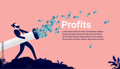 Business profits and income - Businessman making money rain with pipe shooting dollar bills. Copy space for text. Vector illustration.