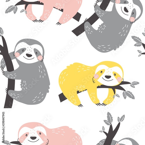 Seamless pattern with colored sloth babies on a white background. Vector illustration in a modern cartoon style, for printing on packaging paper, postcard, poster, banner, clothing.