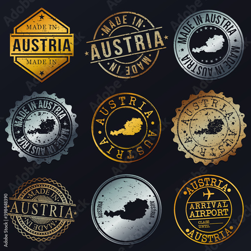 Quality Austria Metal Stamps. Gold Made In Product Seal. National Logo Icon. Symbol Design Insignia Country.
