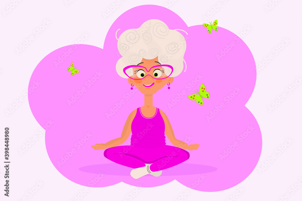 Gymnastics for the elderly. Grandma is doing yoga exercises. An older woman leads an active lifestyle. Leisure of a pensioner