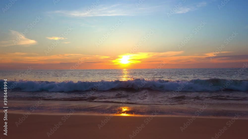 Amazing scene sunset tropical beach sea. New normal after covid-19. Phuket Thailand beautiful tropical beach with sunset sky. Beautiful Phuket beach is famous tourist destination at Andaman sea summer