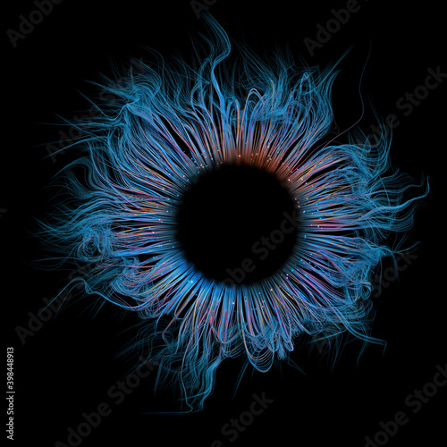 Abstract representation of a human eye. A ring of blue and multicolored fibers against a black background. 3D render / rendering photo