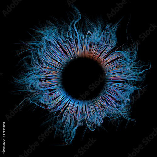 Abstract representation of a human eye. A ring of blue and multicolored fibers against a black background. 3D render / rendering