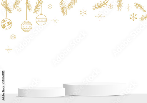 Christmas background with studio showroom, round podium and Christmas elements white background vector.