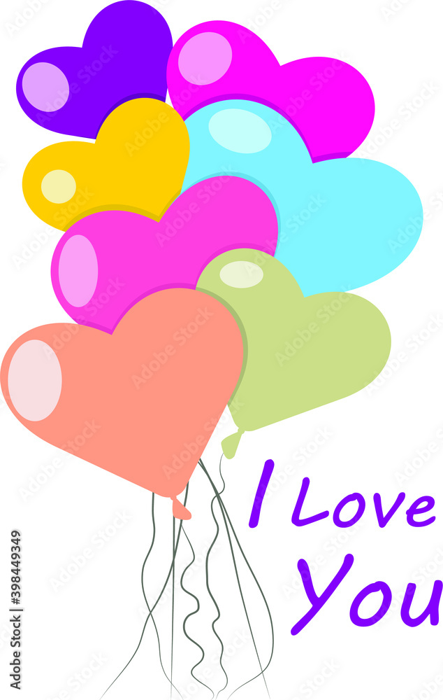
Balloons in the form of hearts, seven pieces on strings. Vector illustration with the inscription I love you