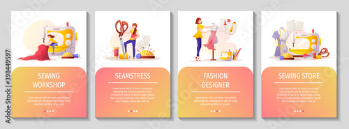 Set of A4 flyers for sewing workshop or courses, seamstress, fashion design, tailoring, dressmaking. needlework, handicraft. Vector illustration for for banner, advertising, commercial, poster.