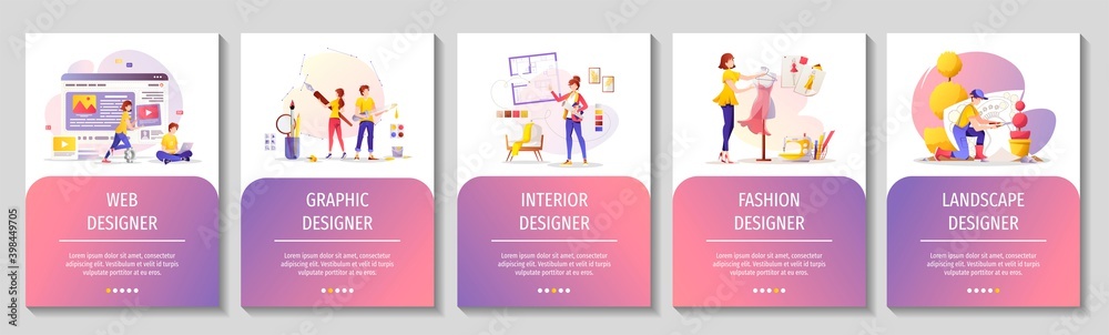 Set of web pages for Web, Graphic,  Interior, Fashion, Landscape designers, Creative professions. A4 vector illustration for banner, presentation, advertising, commercial, flyer.