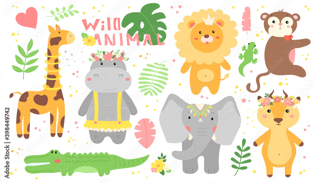 vector Safari set of African animals,leaves in flat hand drawn style.kid's collection of cute characters for design,gift cards,web.isolated on white background.baby illustration of mammals in jungle. vector Safari set of African animals,leaves in flat hand drawn style.kid's collection of cute characters for design,gift cards,web.isolated on white background.baby illustration of mammals in jungle.