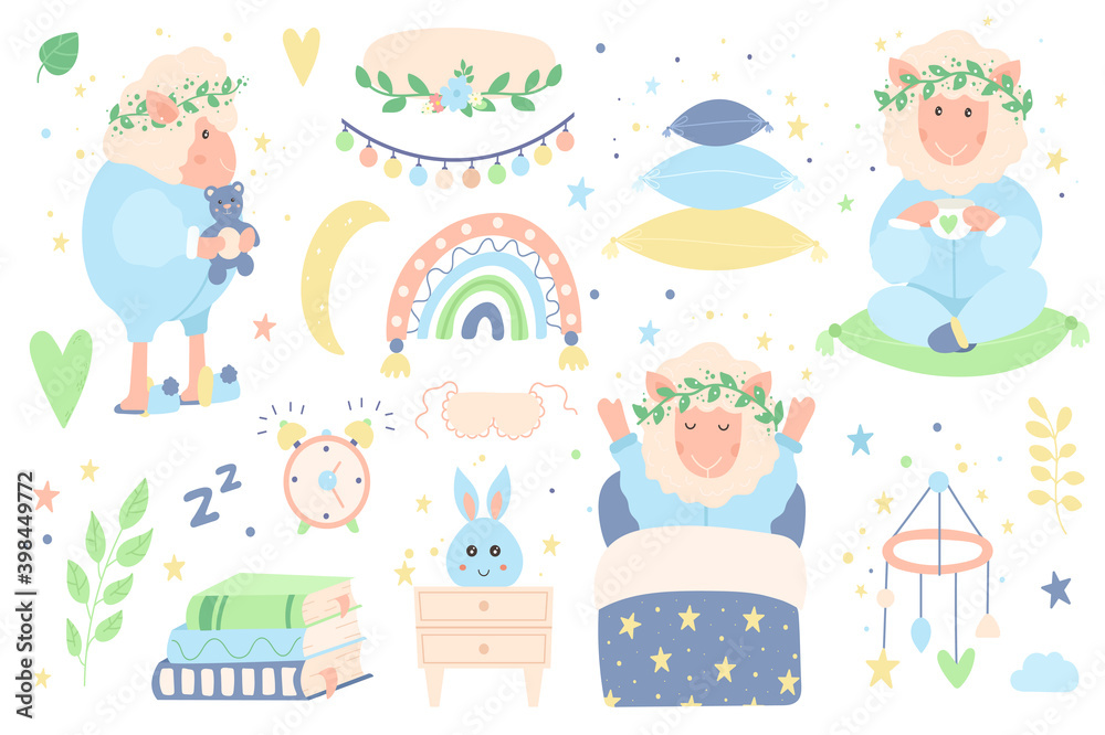vector set of sleep sheep in pajamas and funny elements . cute kid's character for design, postcards,web in flat style. adorable animal on pillows,in bed.good night.isolated on white background. vector set of sleep sheep in pajamas and funny elements . cute kid's character for design, postcards,web in flat style. adorable animal on pillows,in bed.good night.isolated on white background.