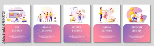 Set of web pages for Web  Graphic   Interior  Fashion  Landscape designers  Creative professions. A4 vector illustration for banner  presentation  advertising  commercial  flyer.