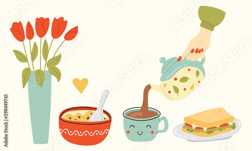 vector hand drawn illustration of Breakfast in flat and cartoon style. the morning ceremony. healthy food. hand pours tea. oatmeal, sandwich, teapot, bouquet of flowers.isolated on beige background.