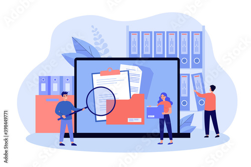 People taking documents from shelves, using magnifying glass and searching files in electronic database. Vector illustration for archive, information storage concept photo