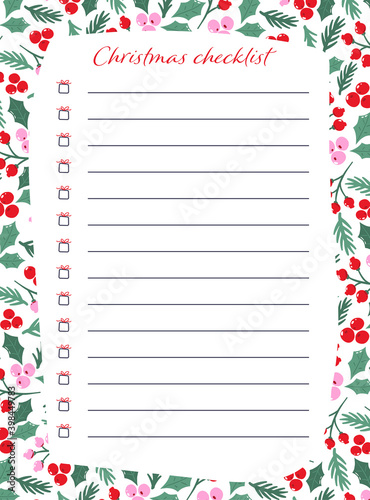 Pre-made Christmas stationary template for notes. Christmas checklist with cute little gifts as check boxes and lines for writing.