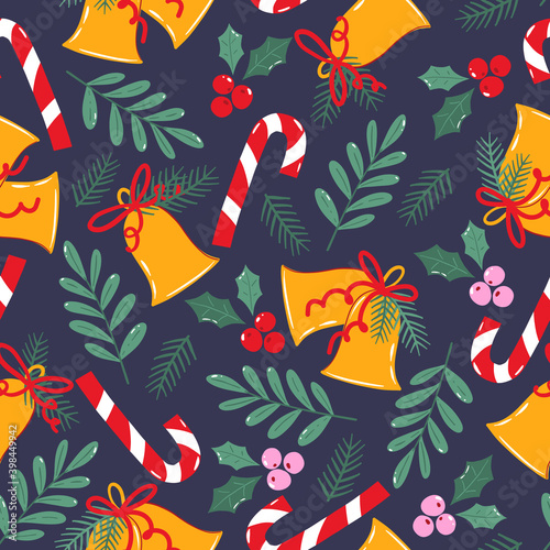 Sreamless pattern for Christmas wrapping paper or textile. Repeat busy pattern design with bells, foliage, berries and candy canes on drak blue background