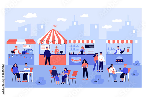 People eating at street food court, visiting festival in park, buying fast food in kiosks. Vector illustration for food market, summer, catering concept