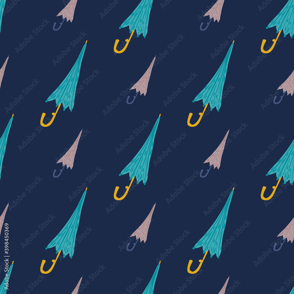 Blue and purple umbrella ornament seamless pattern. Navy blue dark backround. Simple season print. Blue and purple umbrella ornament seamless pattern. Navy blue dark backround. Simple season print.
