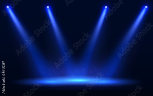 Stage spotlight vector illustration. Blue spot light effect with transparent background. Scene illumination with dark backdrop. Bight light beam