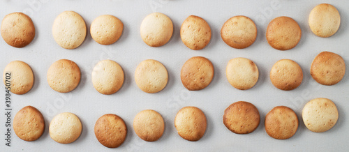 A pattern of small pancakes. Background from orange toasted round biscuits. home bakery. banner