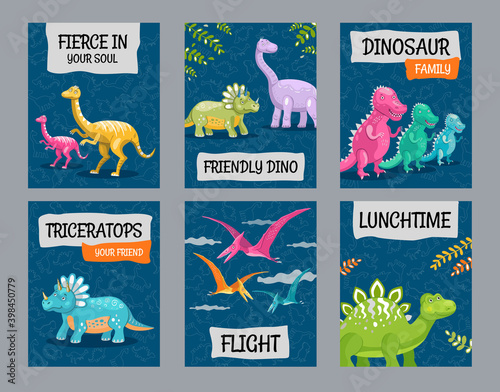 Positive greeting card designs with funny dinos. Creative postcards for children with text and colorful dinosaurs. Creatures and fossil reptiles concept. Template for promotional postcard or brochure