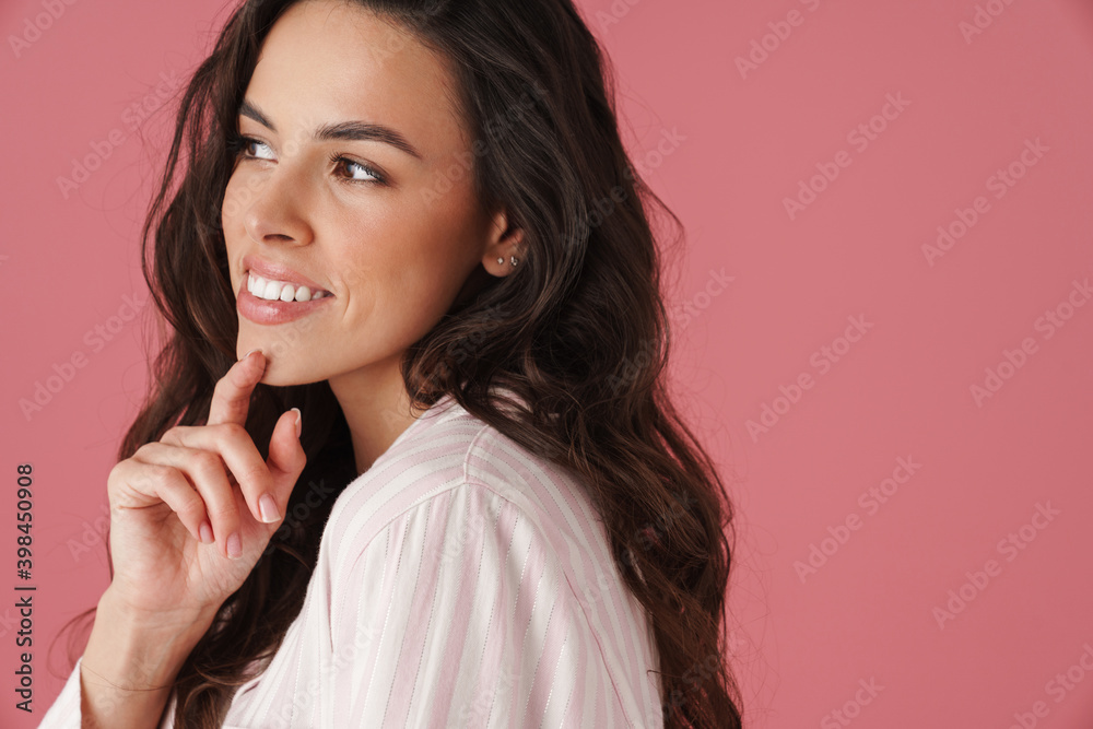 Happy beautiful brunette woman smiling and looking aside Happy beautiful brunette woman smiling and looking aside