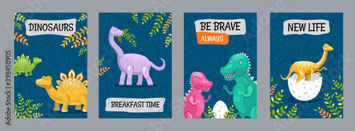 Colorful posters design with funny dinosaurs. Vivid childish brochures for promotion on blue background. Creatures and prehistoric time concept. Template for promotional leaflet or flyer