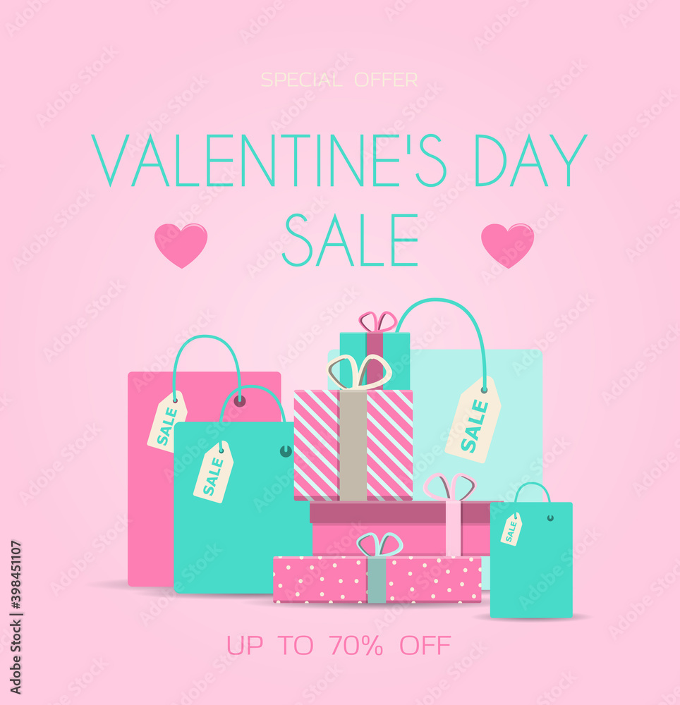 Valentine s day greeting card with hearts and love wishes. Flat vector illustration for sale, online store, delivery of goods for the holiday. Invitation flyer in pink, red, and blue. Images with a Valentine s day greeting card with hearts and love wishes. Flat vector illustration for sale, online store, delivery of goods for the holiday. Invitation flyer in pink, red, and blue. Images with a