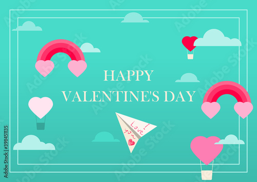 Valentine s day greeting card with hearts and love wishes. Flat vector illustration for sale, online store, delivery of goods for the holiday. Invitation flyer in pink, red, and blue. Images with a