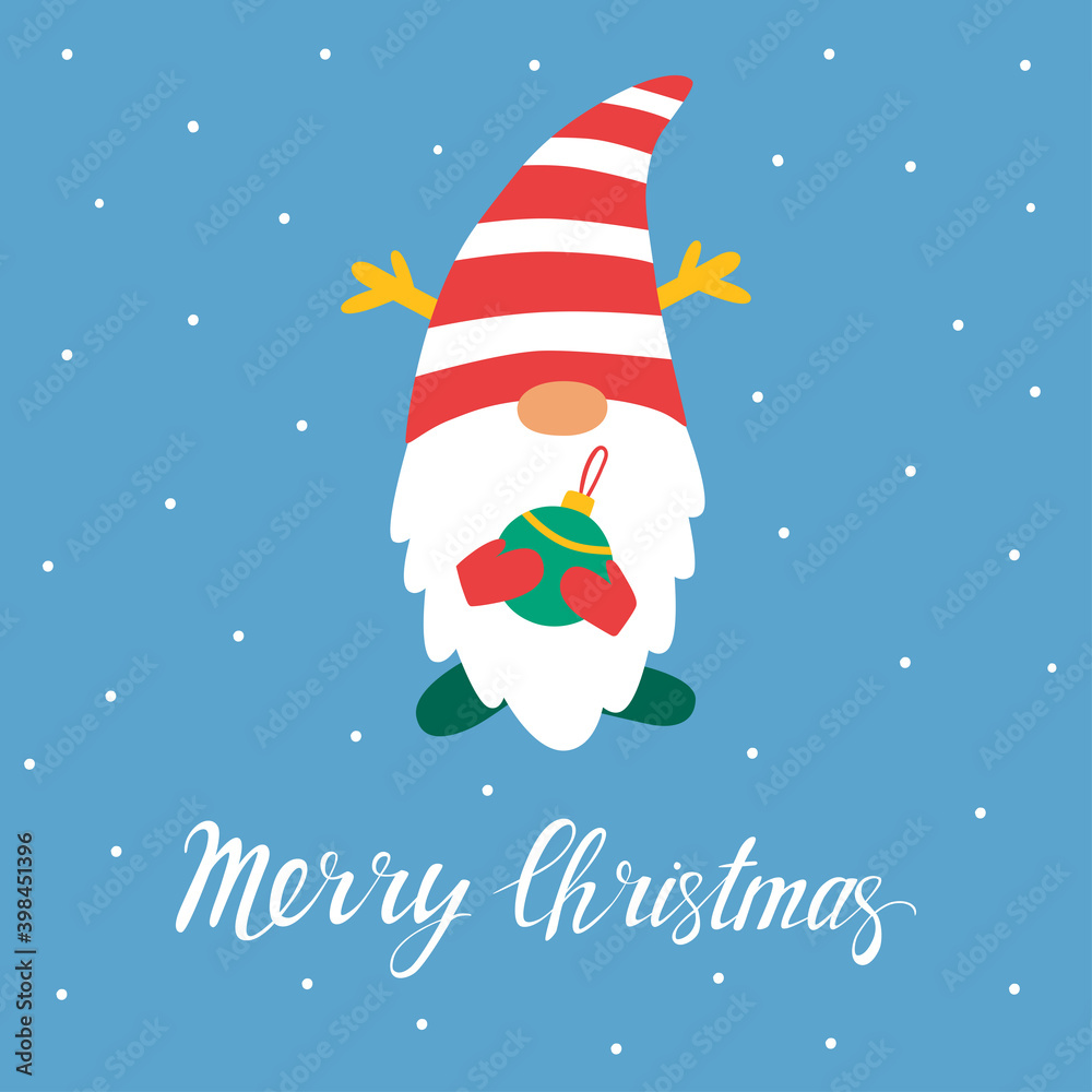 Fototapeta premium Greeting card with Christmas gnome. Merry Christmas handwritten lettering, Vector xmas illustration. Design for greeting cards and poster.