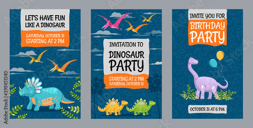 Fototapeta Naklejka Na Ścianę i Meble -  Creative dinosaur party invitation designs. Trendy big holiday invitations with text and dinos. Creatures and fossil reptiles concept. Template for leaflet, banner or flyer