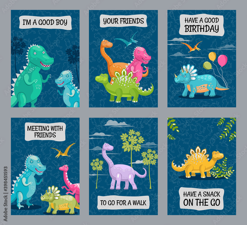 Bright brochure designs with cute dinos. Colored smiling dinosaurs on blue background. Creatures and fossil reptiles concept. Template for promotional leaflet or flyer