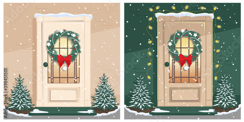 Set of Christmas cards with a door decorated with a Christmas wreath and a garland for day and evening. Merry christmas and happy new year. Vector illustration.