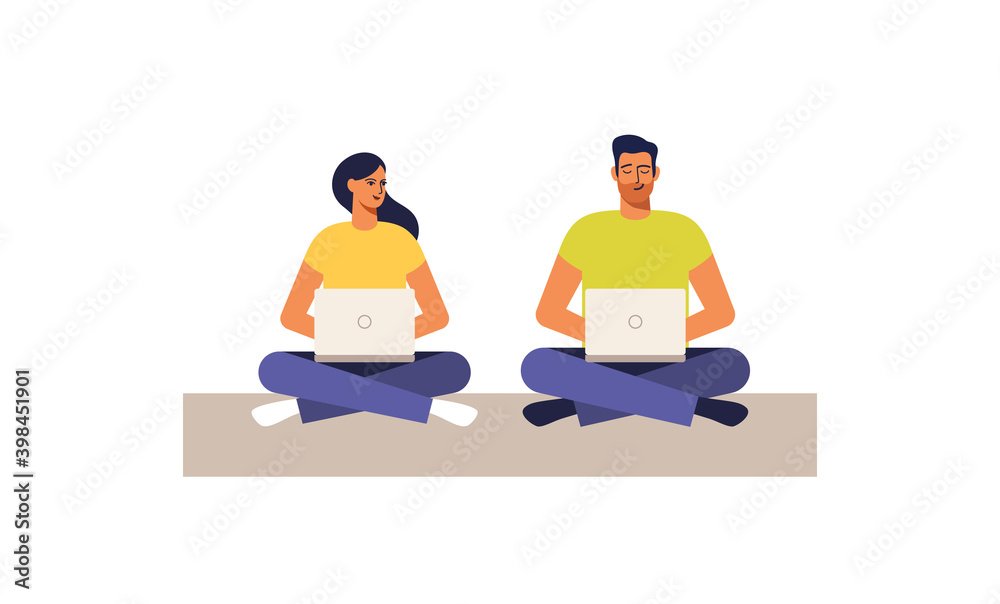 Couple sitting on the floor, with computers. Vector Illustration.
