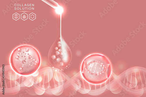 Hyaluronic acid skin solutions ad, pink collagen serum drop with cosmetic advertising background ready to use, illustration vector.	