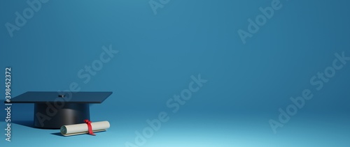 Education and graduation concept. 3D Rendering of Graduation Cap on blue background. There is an area for entering text about take course, educate or study. Realistic 3d shapes.