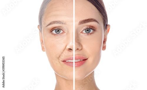 Skin aging concept, portrait. Before and after, young and old face, aging process. Cosmetology anti-aging procedures. Smooth skin and wrinkles