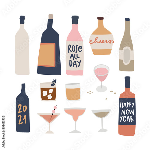 Set of hand drawn alcoholic drinks, cocktails with lettering quotes. Wine, champagne and cognac bottles. Happy New Year celebration and party concept. Isolated vector icons. Flat design.