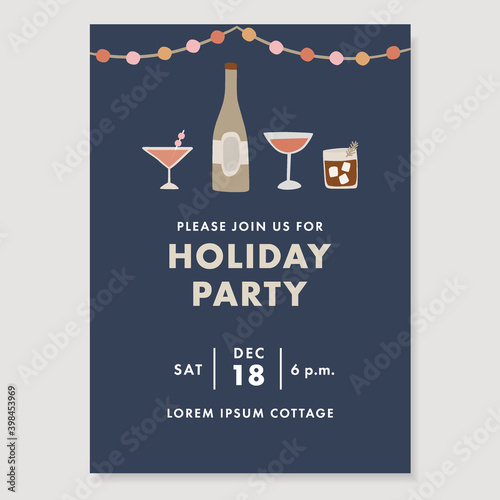 Happy New Year greeting card, invitation. Holiday party decoration. Hand drawn alcoholic drinks, cocktails and wine bottle. Celebration concept. Vector illustration background, template. Flat design.