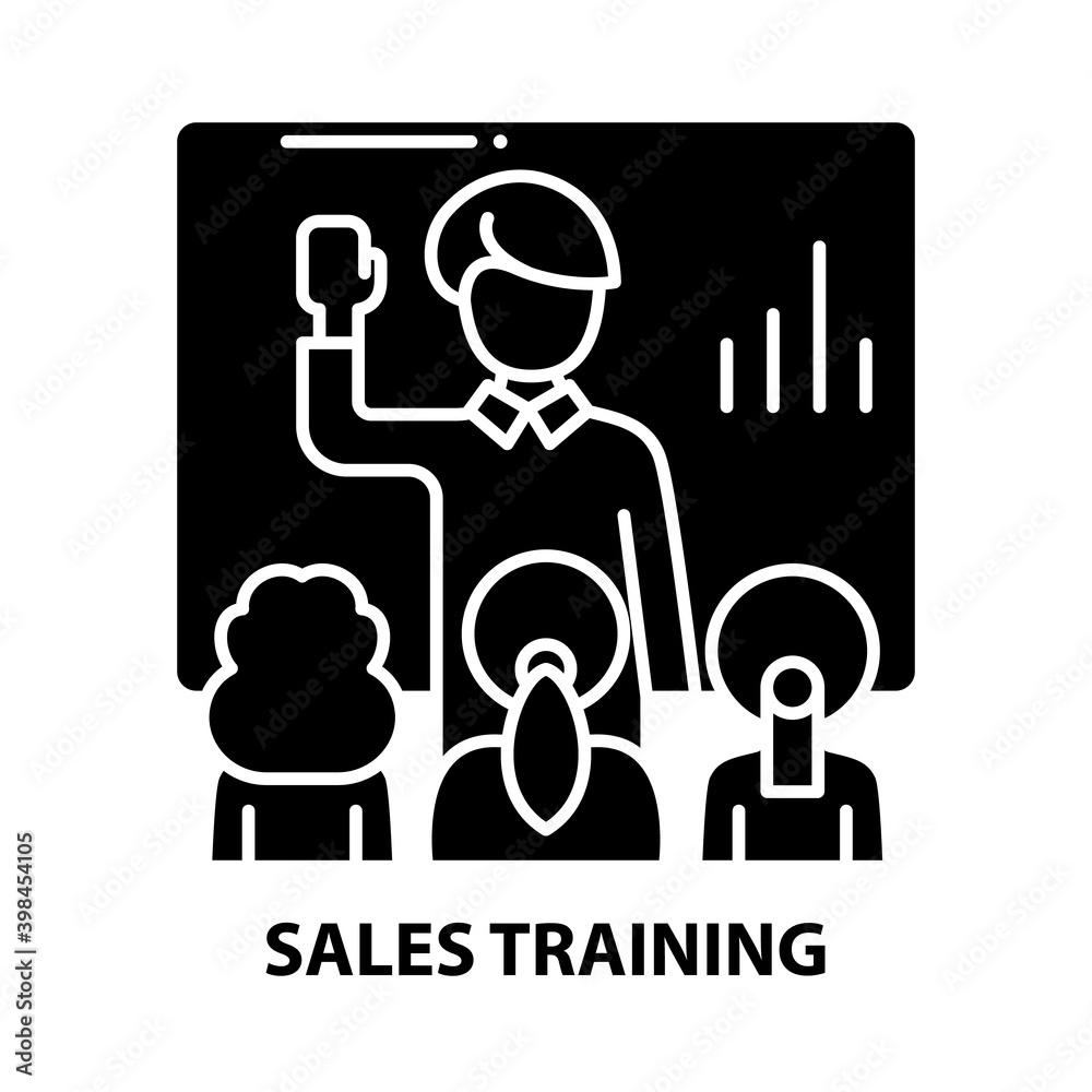 sales training icon, black vector sign with editable strokes, concept illustration