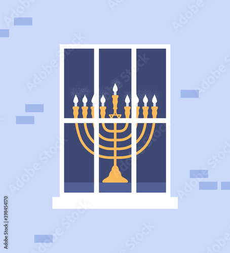 Menorah on window. Hanukkah. Winter window. Vector