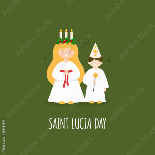 St Lucia Day. Kids wearing traditional costumes. Boy and girl with candles, star, wreath. Vector photo