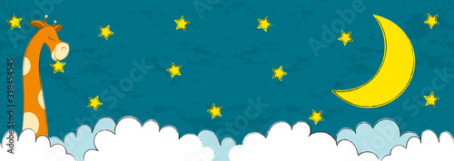 cute orange giraffe with a very long neck rises above the clouds against the background of the blue sky, the moon and bright stars and holds the star with his lips over the edge, illustration