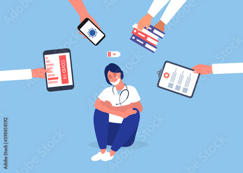 Overworked doctor. Depression and burnout. Medical staff. Stress. Vector