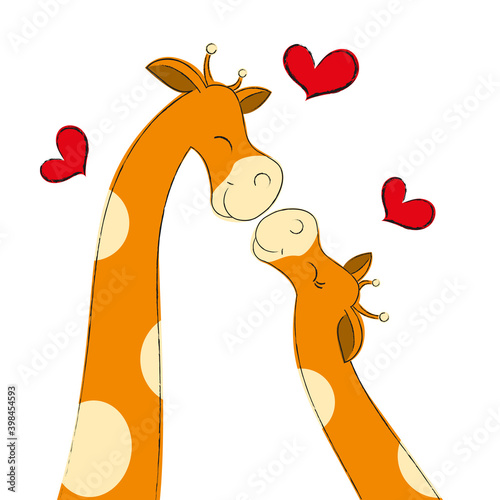 happy couple of giraffes in love on white background with red hearts  animals smile and touch their noses  illustration
